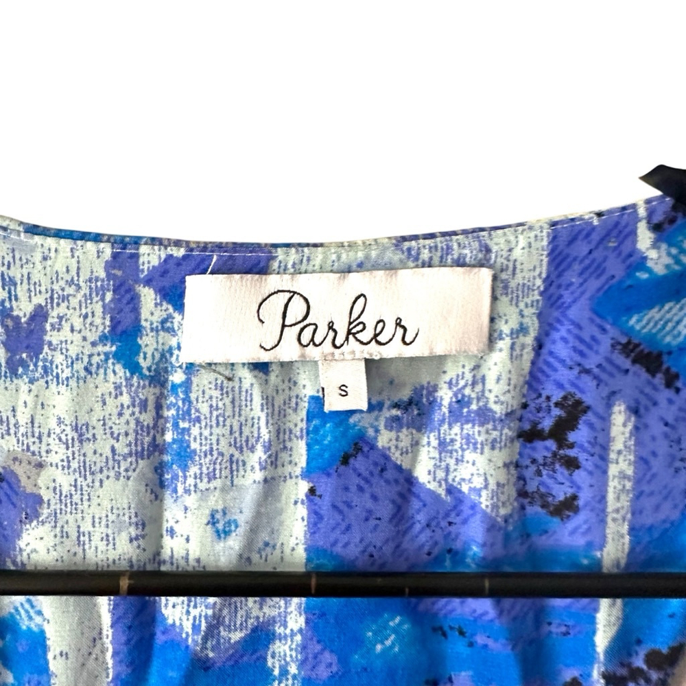 Parker Silk Dress Blue Abstract Racerback Hi-Lo Ruffle Size S - Picture 4 of 8